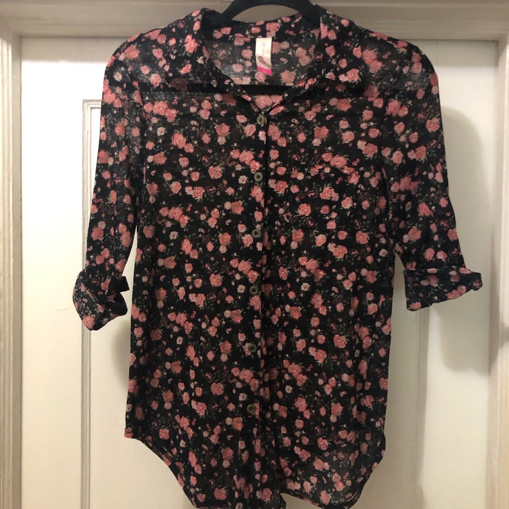 No Boundaries Black and Pink Floral Button Down Shirt
